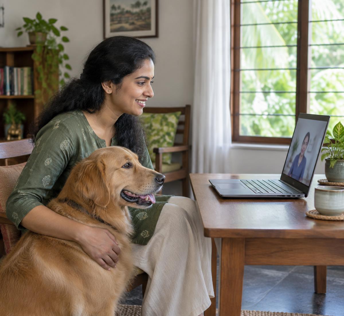 Owner and dog at home during an online conversation